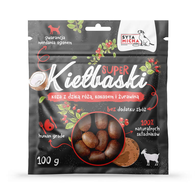 Przysmaki dla Psa Smaczki Super Kiełbaski Koza i dzika róża Syta Micha 100g - obrazek 2