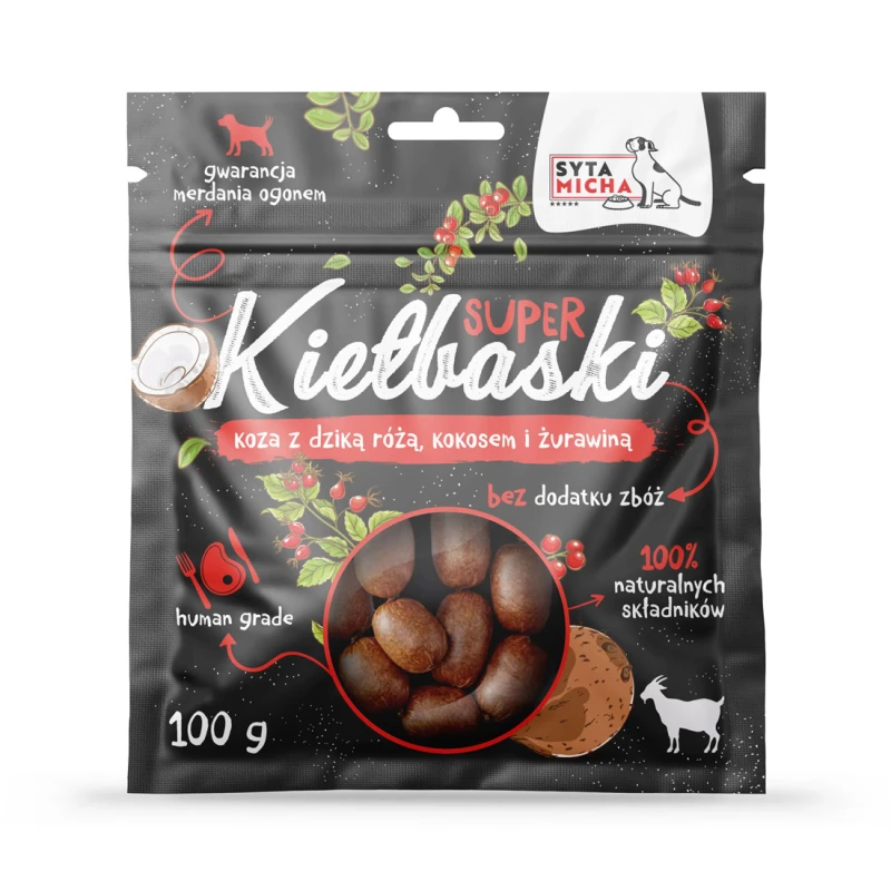 Przysmaki dla Psa Smaczki Super Kiełbaski Koza i dzika róża Syta Micha 100g - obrazek 2